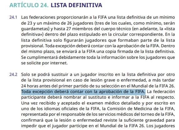 El artículo en el reglamento del Mundial sobre cambios en la lista de selecciones (FIFA)