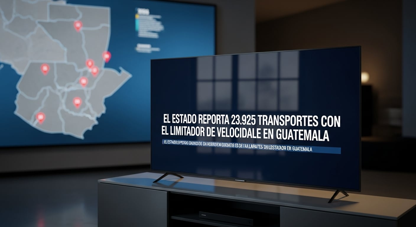 Una pantalla de televisión muestra el titular sobre el informe estatal que detalla 23.925 transportes equipados con limitadores de velocidad en Guatemala, con un mapa del país en segundo plano. (Imagen Ilustrativa Infobae)
