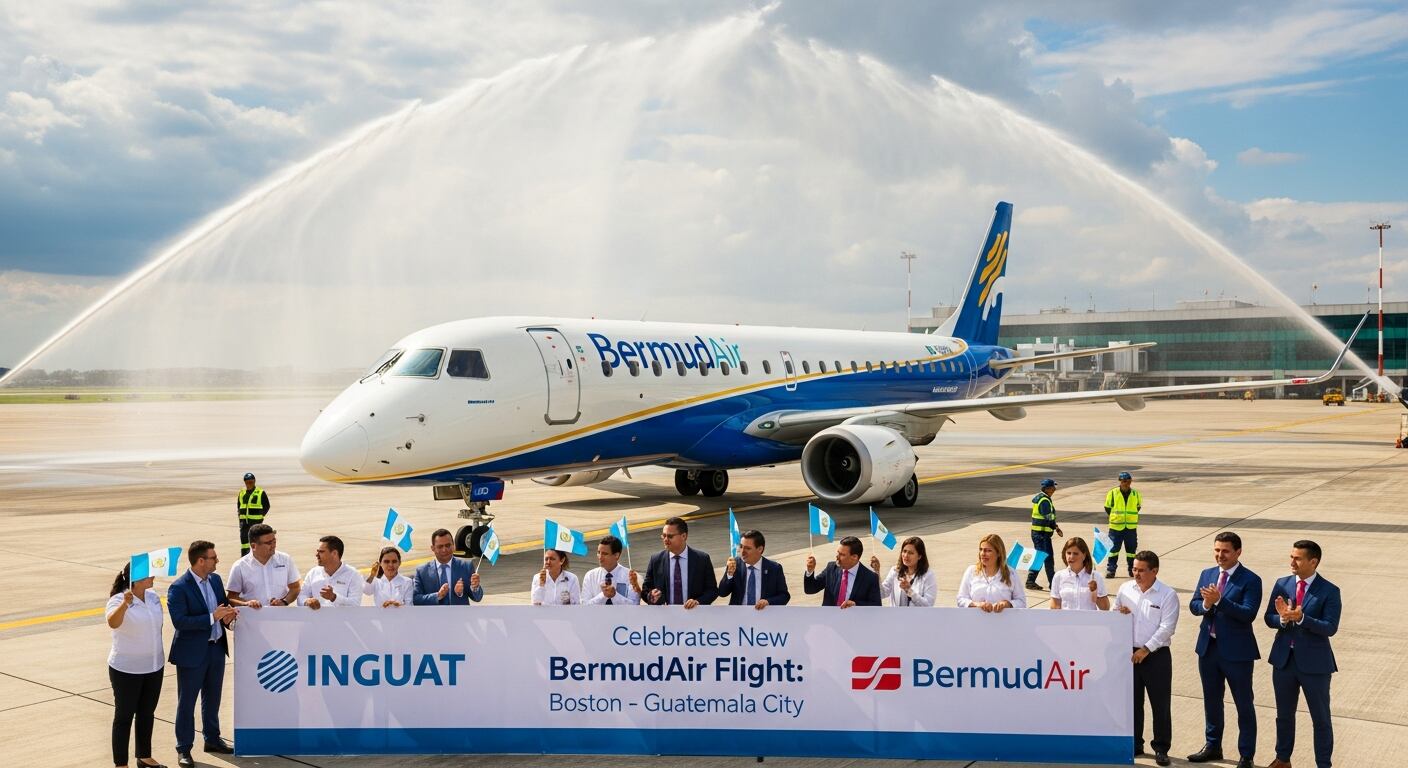 Funcionarios del INGUAT y BermudAir celebran el vuelo inaugural de la aerolínea desde Boston a Ciudad de Guatemala en la pista del aeropuerto, con el avión recibiendo el tradicional saludo de arco de agua. (Imagen Ilustrativa Infobae)