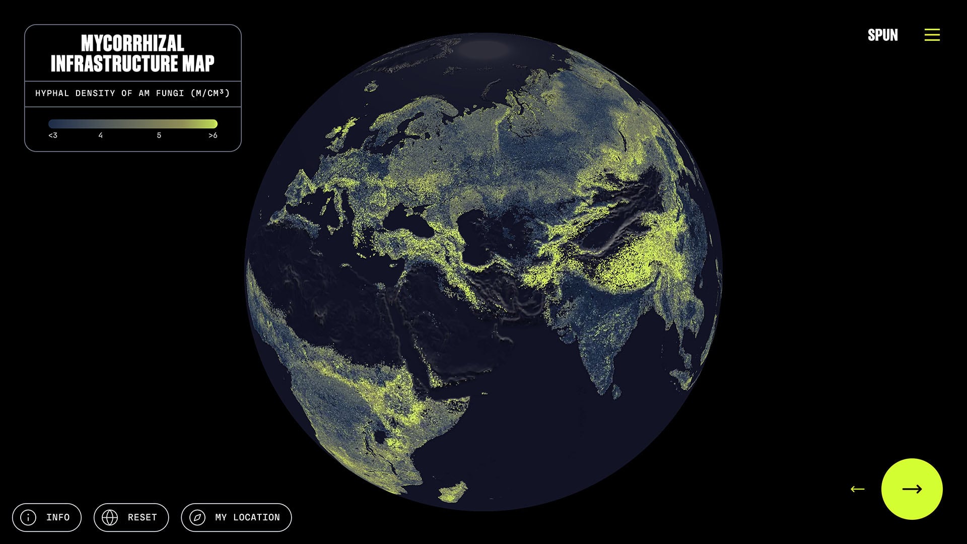 El mapa global de densidad de hifas de hongos micorrízicos arbusculares fue publicado junto al estudio en la revista Science/
Truth & Beauty / Moritz Stefaner, Justin Stewart - SPUN
