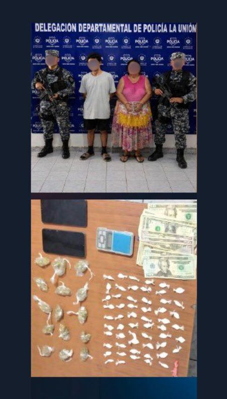 Madre e hijo fueron detenidos en La Unión Sur por presunta posesión y tenencia de drogas. (Cortesía: PNC de El Salvador)
