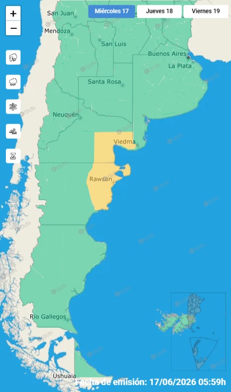 El SMn señaló que hay alerta amarilla por fuertes vientos en Río Negro y Chubut.