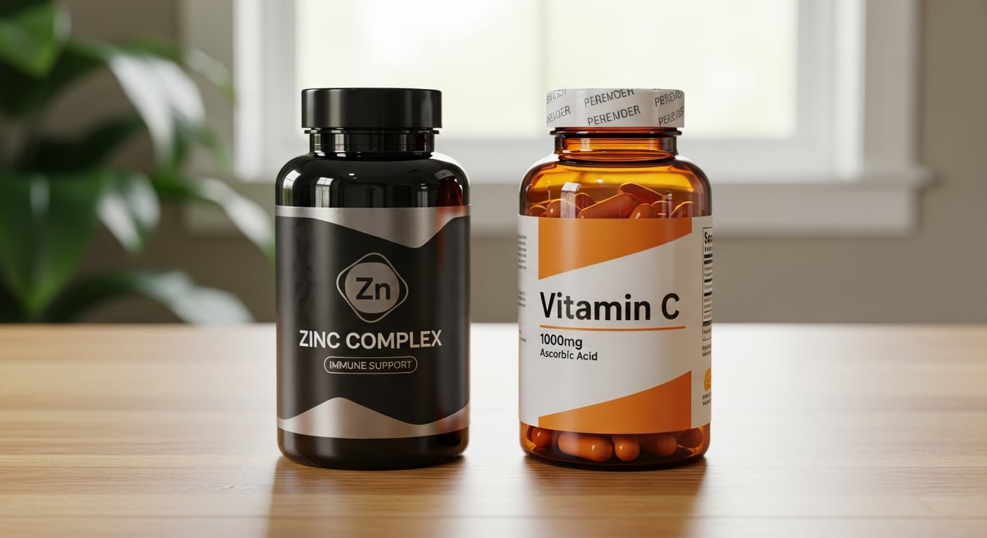 En la imagen se observan dos frascos de suplementos alimenticios sobre una mesa de madera. A la izquierda, un envase de zinc complejo y, a la derecha, otro de vitamina C, ambos utilizados comúnmente para apoyar la salud inmunológica. Un entorno doméstico y una planta de fondo sugieren el contexto de autocuidado en casa. (Imagen Ilustrativa Infobae)