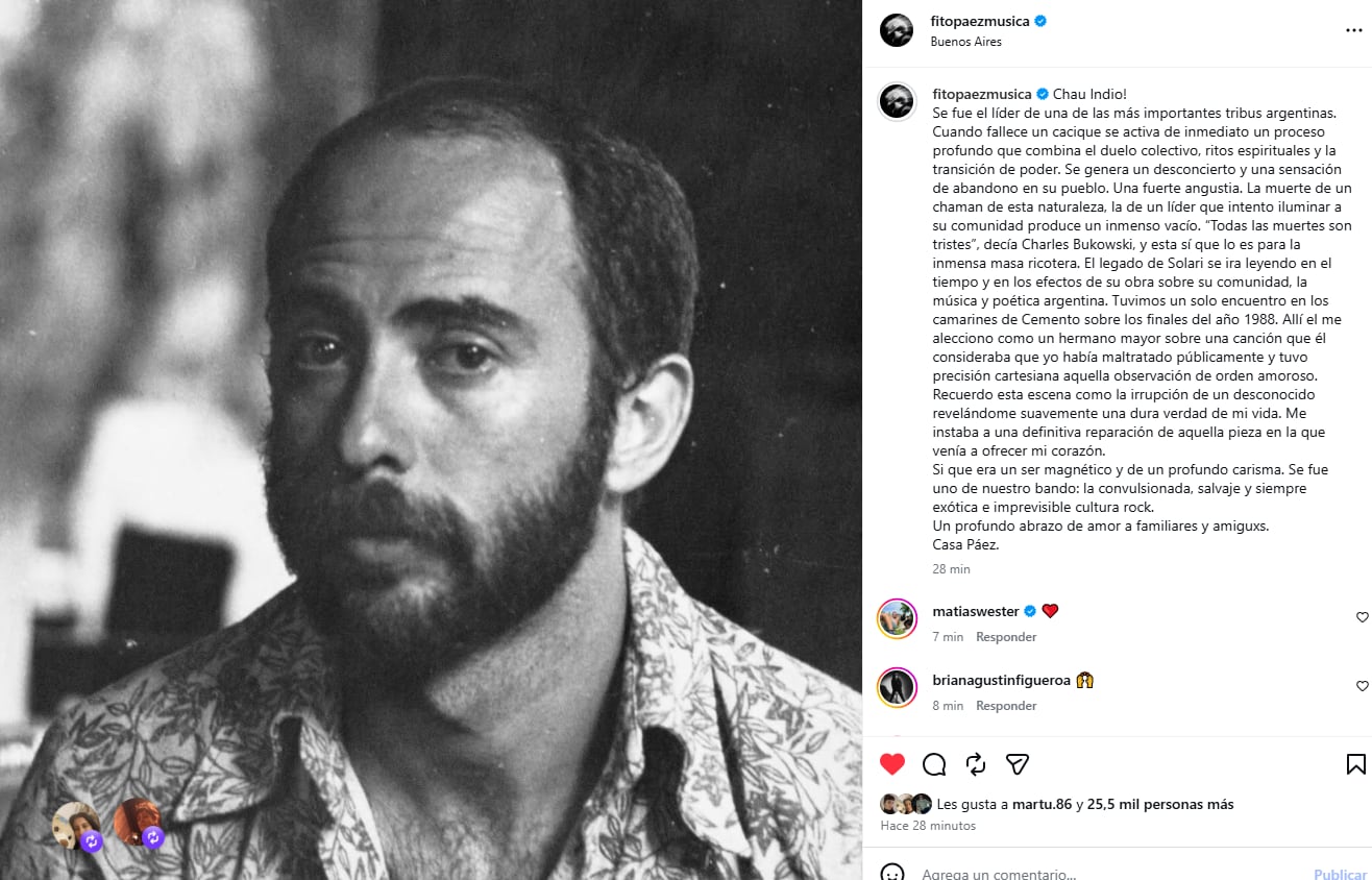 El posteo de Fito Páez para el Indio Solari 
