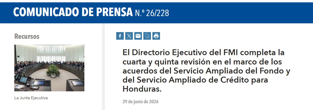 El FMI autoriza un nuevo desembolso para Honduras por USD 242 millones
