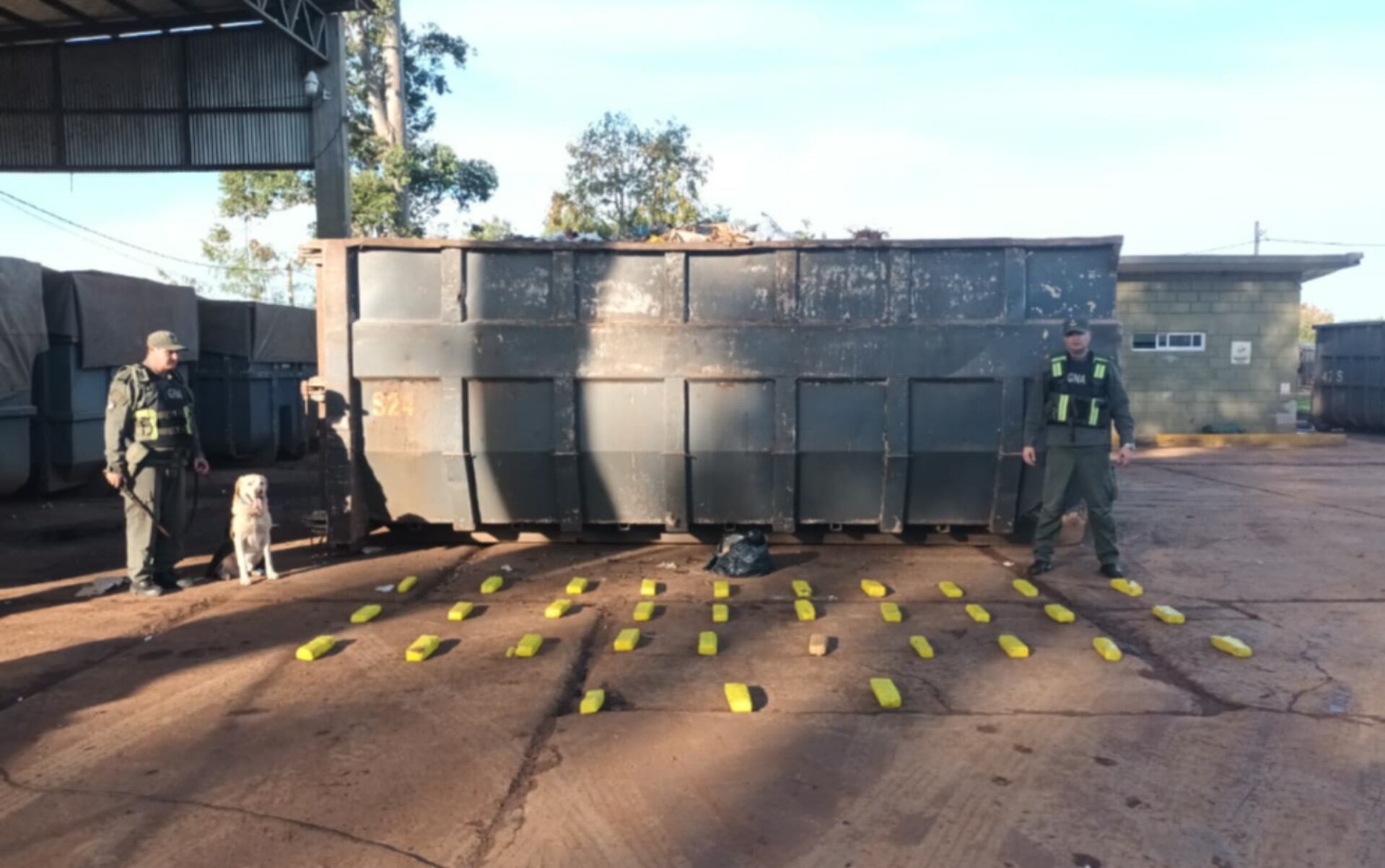 Efectivos de Gendarmería Nacional, con ayuda de un perro detector, incautaron numerosos paquetes de marihuana ocultos en un container en una planta de residuos en Posadas, Misiones (GNA)