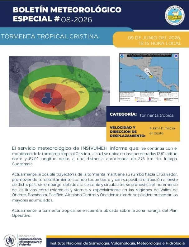 La tormenta tropical Cristina se ubicó a 275 kilómetros de Jutiapa y mantuvo lluvias previstas hasta el viernes, según la CONRED. (Cortesía: Instituto Nacional de Sismología, Vulcanología, Meteorología e Hidrología de Guatemala)