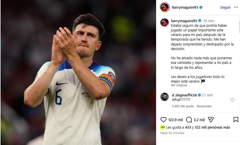El posteo de Harry Maguire que causó conmoción en Inglaterra al confirmar que no será convocado para el Mundial (Instagram)