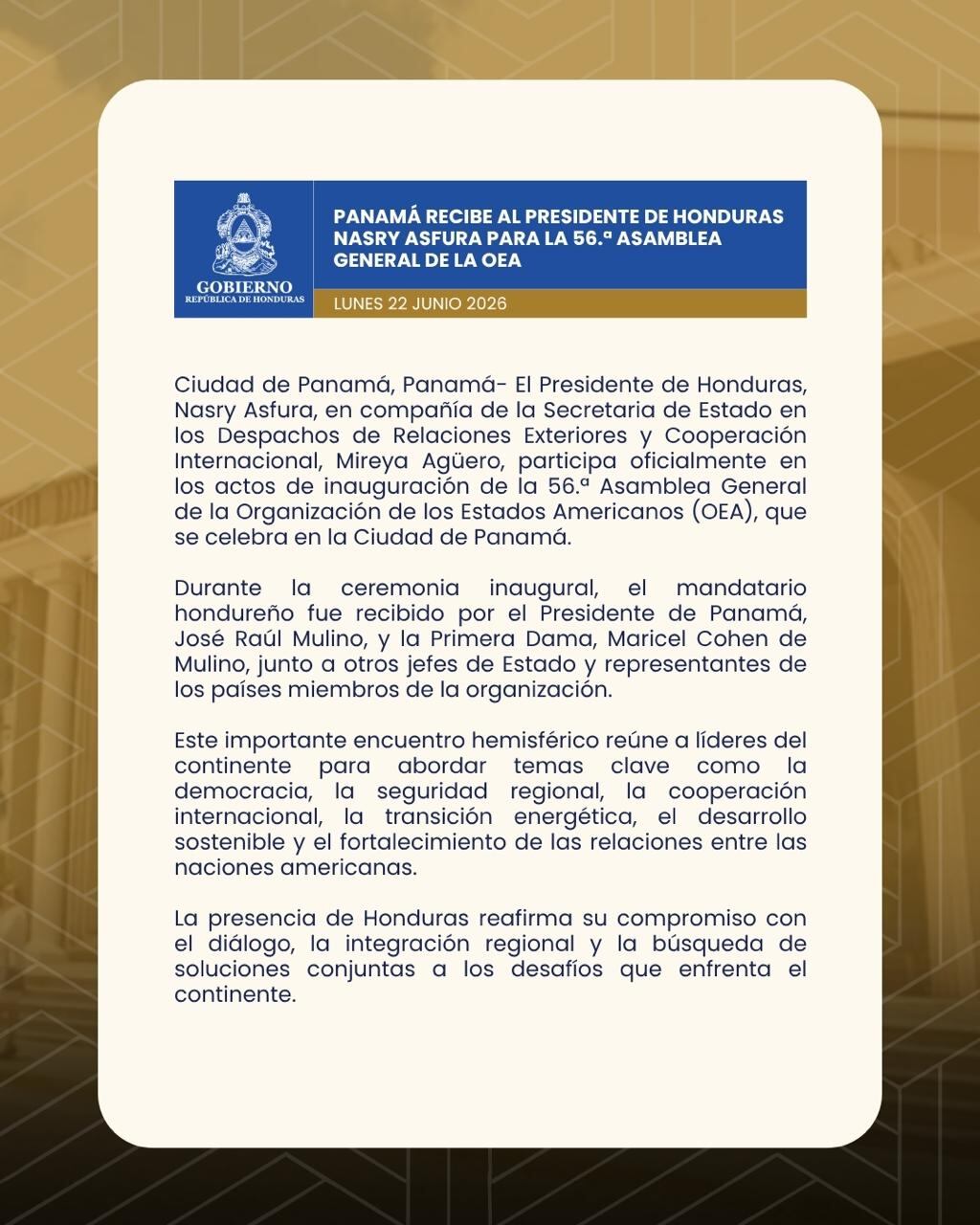 Honduras llevará a la OEA propuesta basada en democracia, seguridad y fortalecimiento del multilateralismo