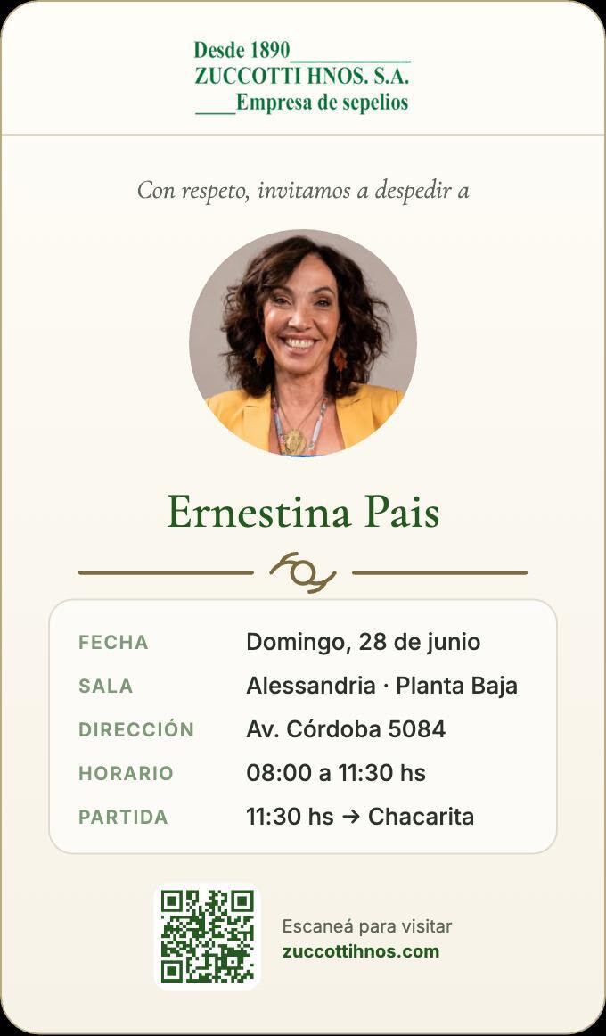 El velatorio a Ernestina Pais se lleva a cabo este domingo hasta las 11.30 y luego sus restos serán llevados al Cementerio de la Chacarita