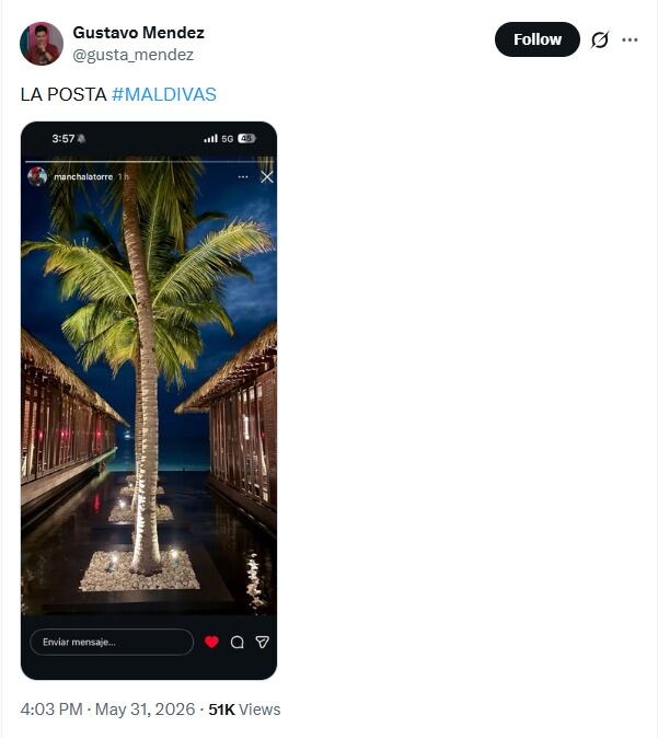 Gustavo fue el primero en compartir la foto que subió Mancha Latorre de sus vacaciones en Maldivas con Icardi y Suárez