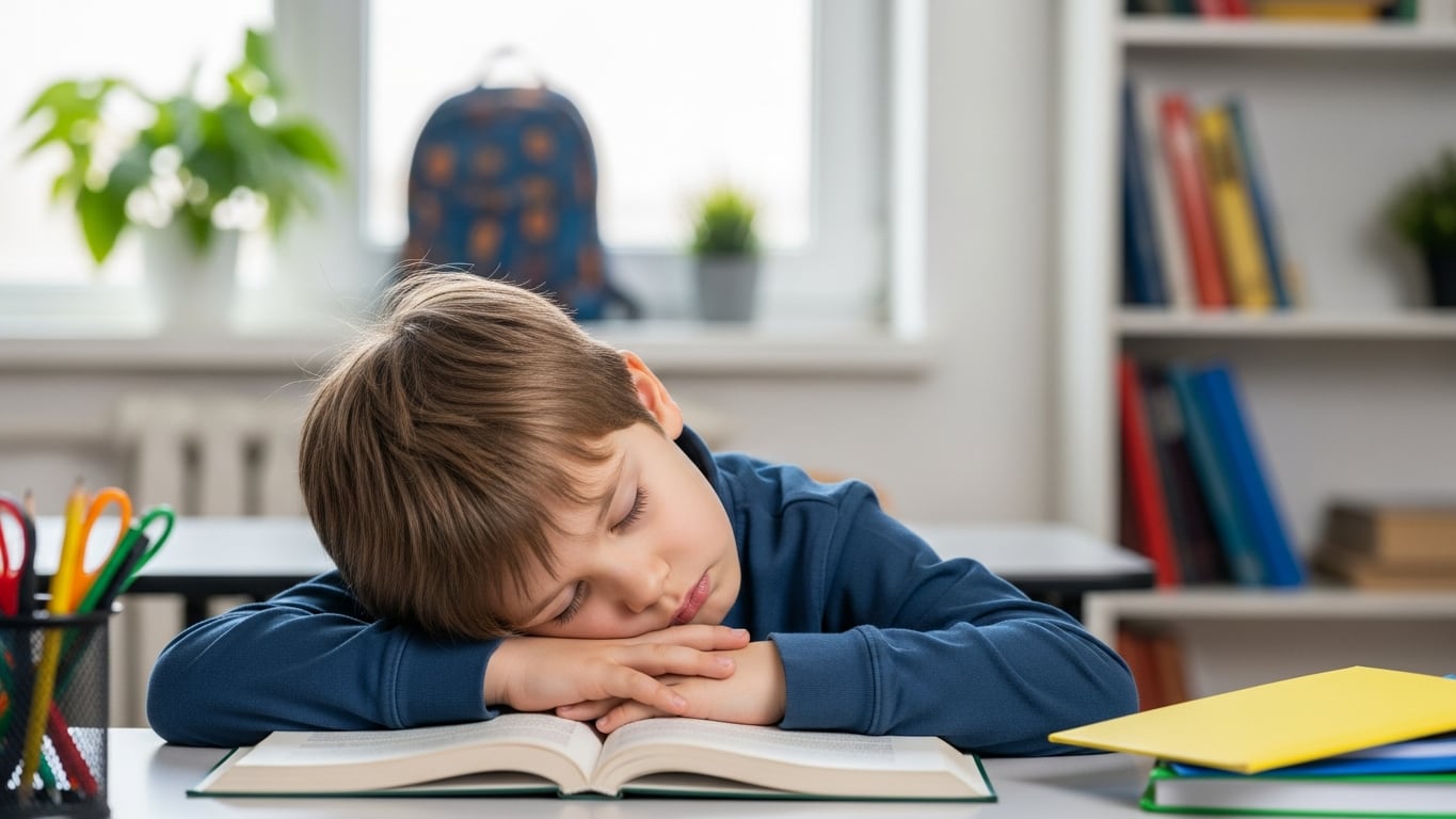 Un niño estadounidense de 6 años se queda dormido con la cabeza sobre un libro en una mesa de aula, mostrando una posible frustración con la lectura en un ambiente escolar. (Imagen Ilustrativa Infobae)