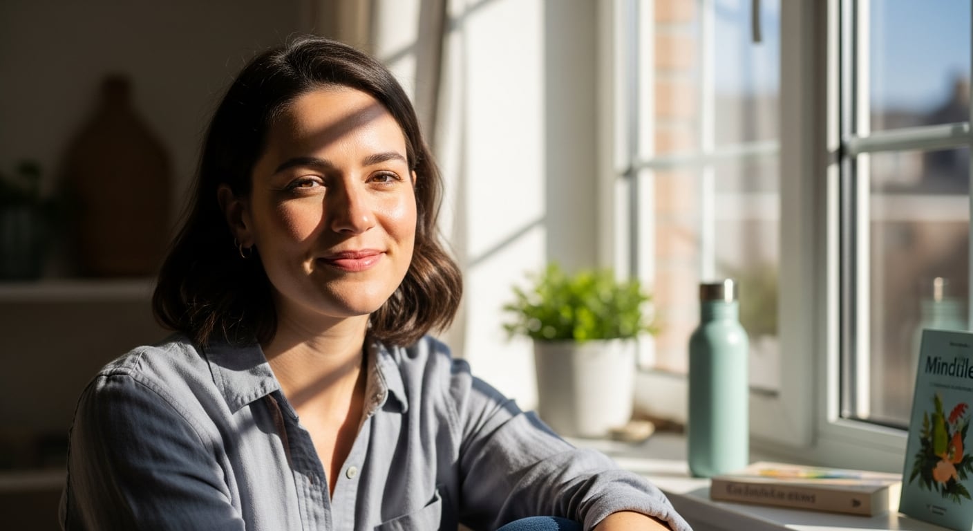 Una mujer adulta sonríe en un interior luminoso con luz solar, un ambiente que sugiere bienestar y hábitos sostenibles. (Imagen Ilustrativa Infobae)