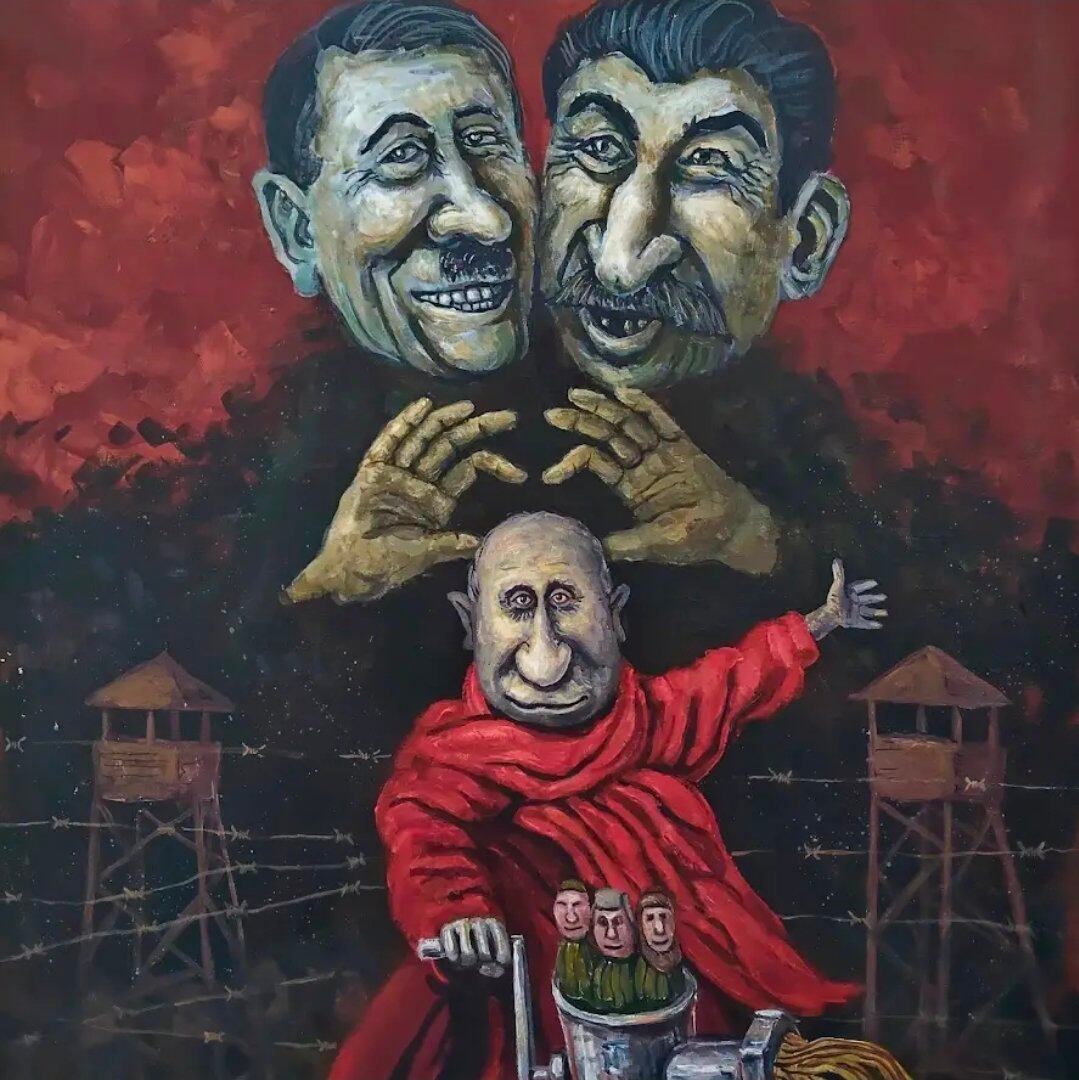 La caricatura de Semyon Skrepetsky presenta una alegoría visual que conecta figuras históricas totalitarias con la imagen de una trituradora humana, simbolizando la brutalidad y el ciclo de la opresión