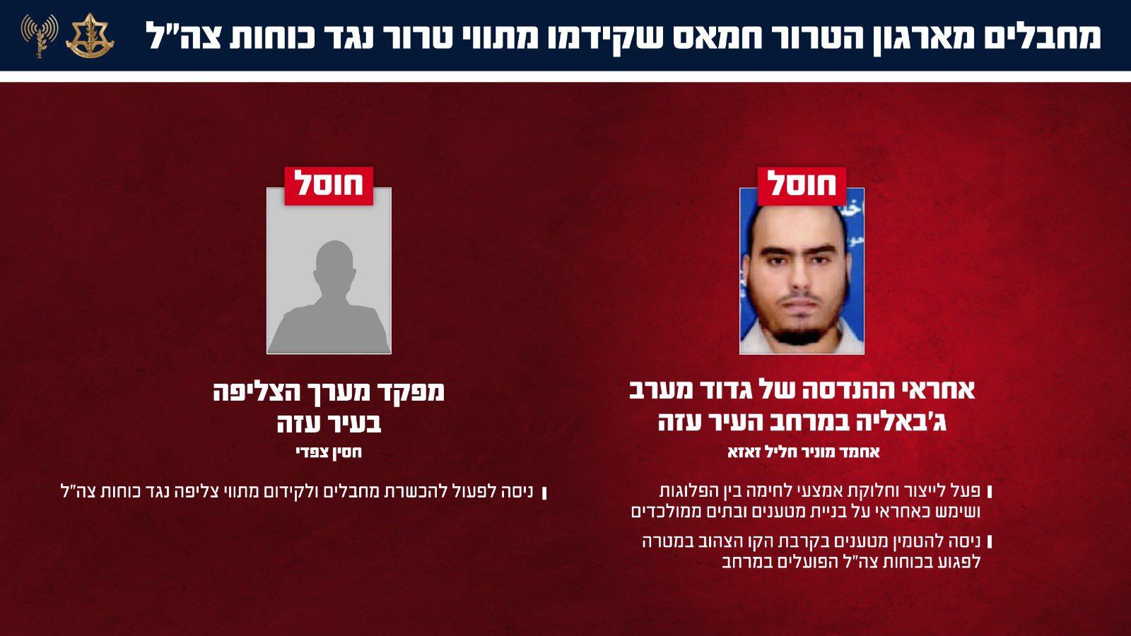 Ahmed Munir Khalil Zaza y Hassan Safdi, milicianos de Hamas que las FDI afirman haber eliminado en ataques en el norte de la Franja de Gaza. (FDI)