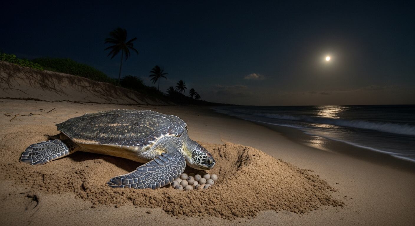 Una tortuga marina verde deposita sus huevos en la arena de una playa panameña durante la noche, con la luna llena sobre el océano. (Imagen Ilustrativa Infobae)