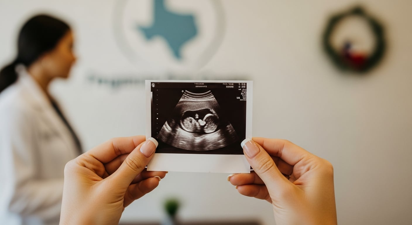 Manos de mujer sostienen una ecografía fetal, con personal en bata de fondo, en un centro de ayuda a embarazadas en Texas. (Imagen Ilustrativa Infobae)