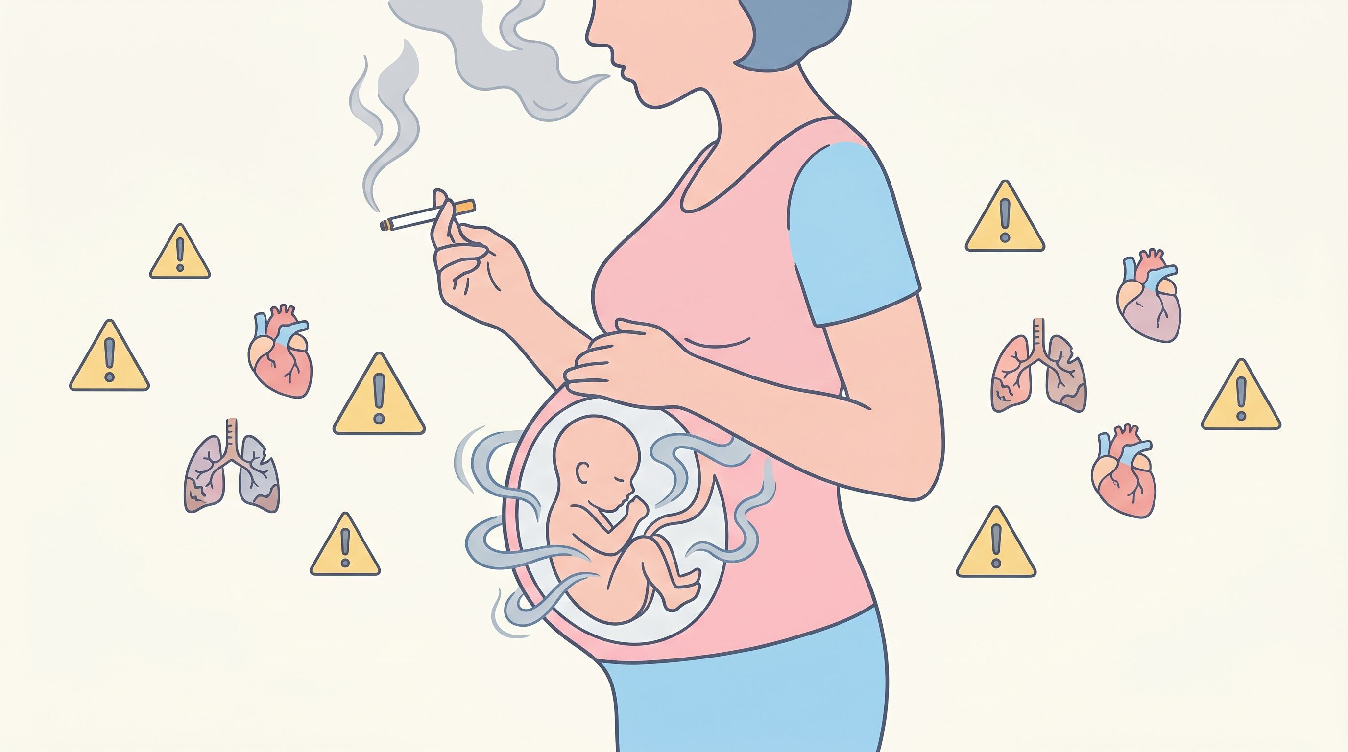 Una ilustración editorial muestra a una mujer embarazada fumando, con el feto dentro del vientre rodeado de humo, simbolizando los graves riesgos del tabaquismo materno para la salud prenatal. (Imagen Ilustrativa Infobae)