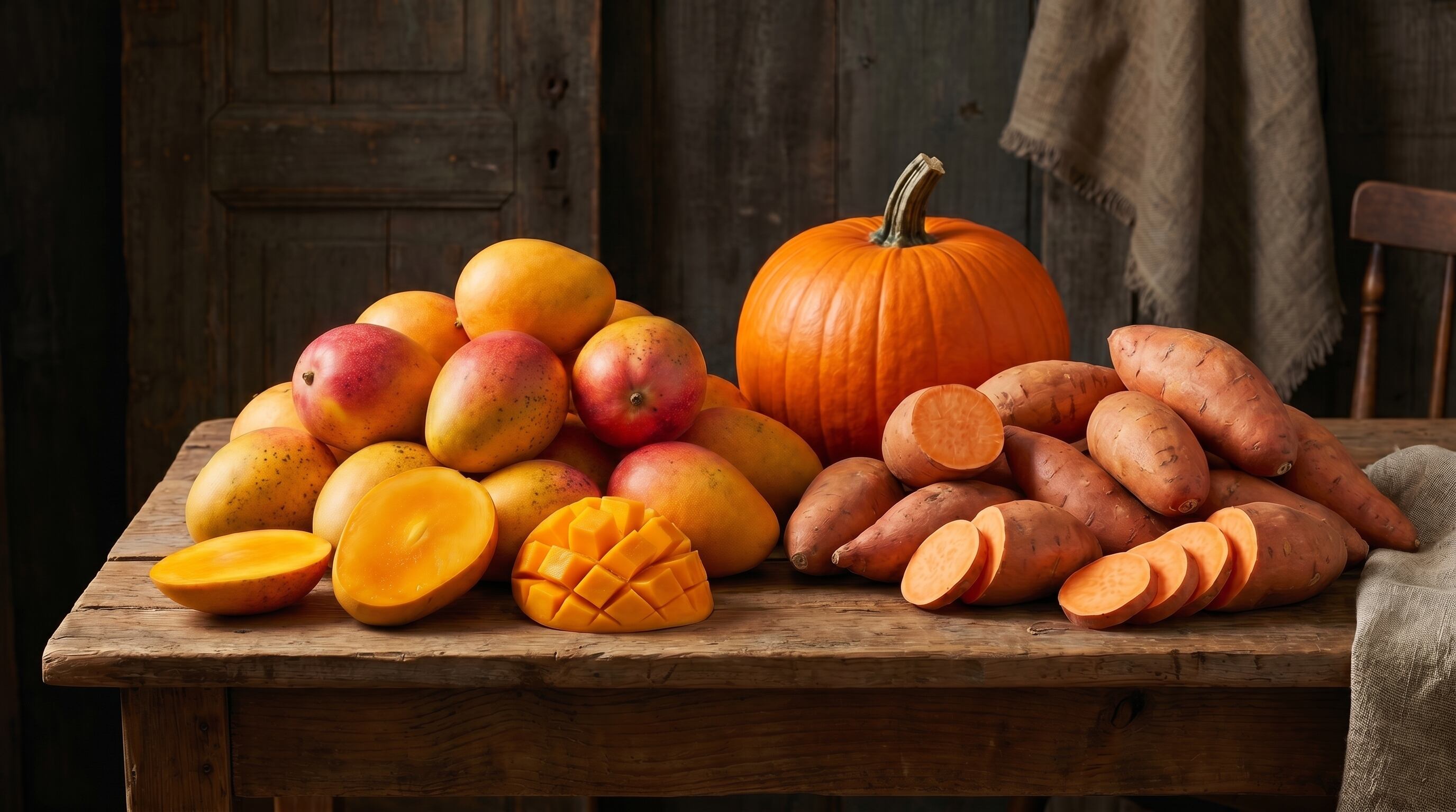 Frutas y verduras como el mango, la calabaza y la batata destacan por su elevado contenido de betacaroteno (Imagen Ilustrativa Infobae)