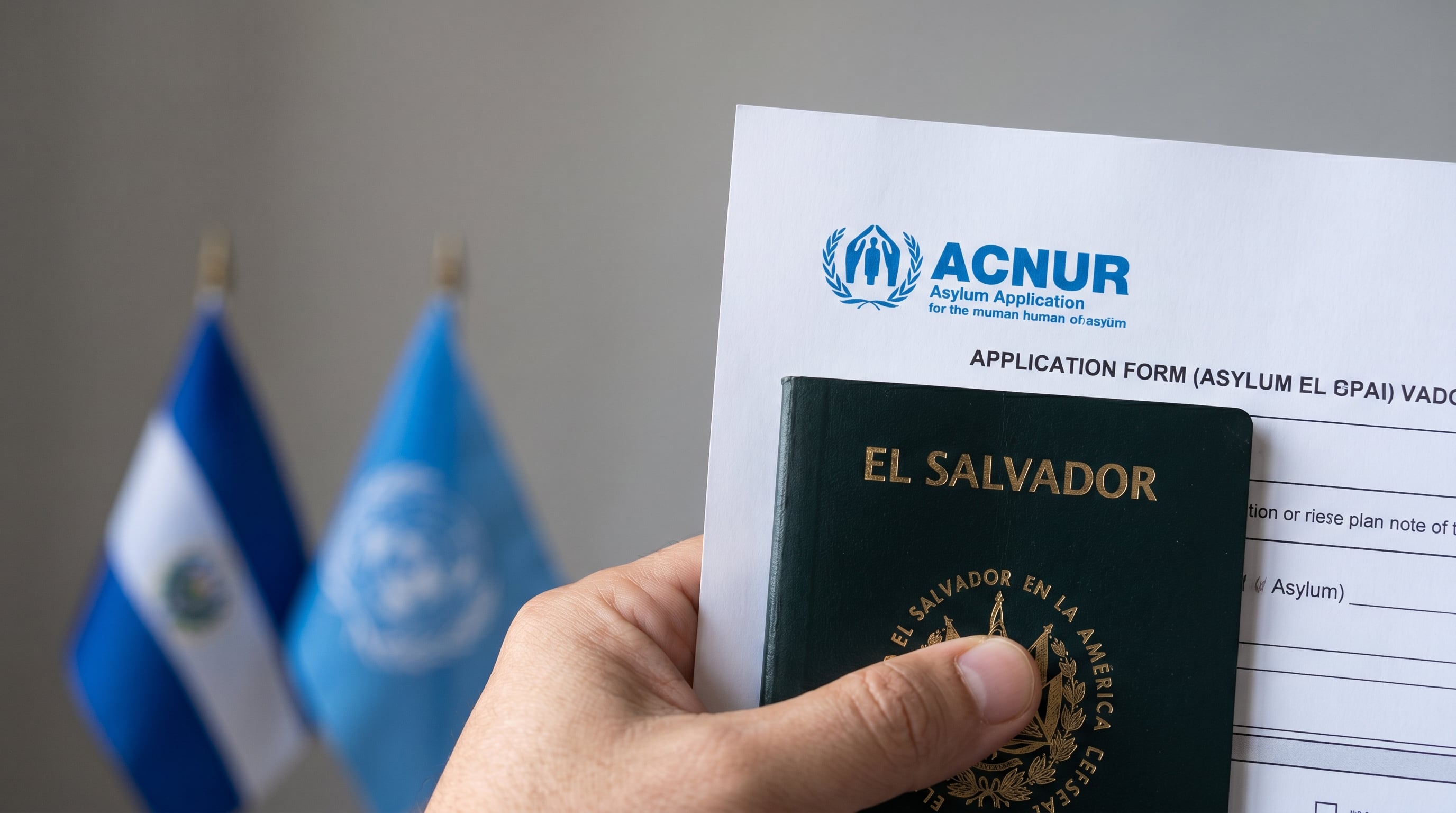 Una persona sostiene un pasaporte de El Salvador junto a una solicitud de asilo de ACNUR, lo que ilustra el proceso de migración y búsqueda de refugio internacional. (Imagen Ilustrativa Infobae)