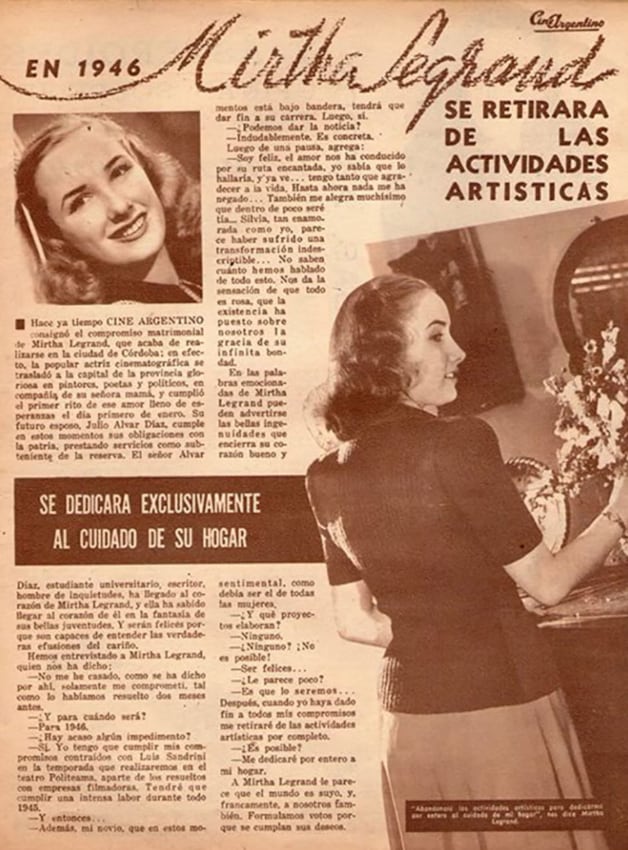 La nota de la revista Cine Argentino en donde Mirtha Legrand declaraba que se iba a retirar en 1946 para dedicarse exclusivamente al cuidado del hogar 