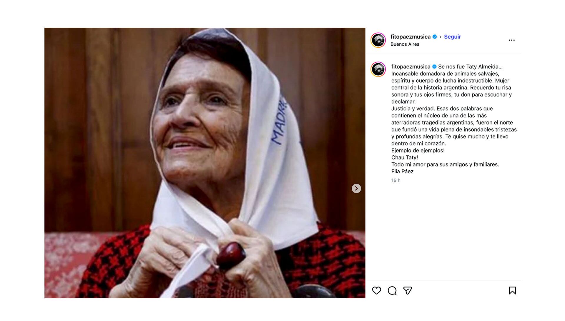 Cristina Kirchner, Fito Páez, Axel Kicillof, Abuelas de Plaza de Mayo y La Cámpora despidieron a Taty Almeida con mensajes de memoria, verdad y justicia