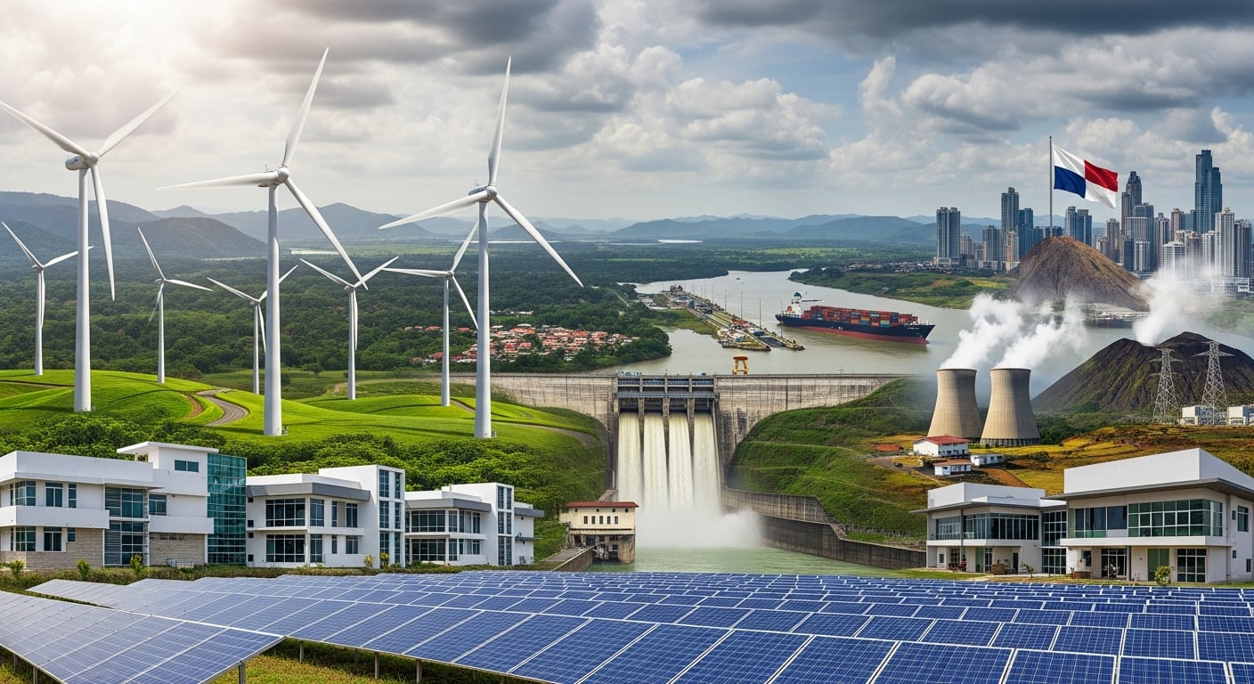 La imagen muestra un panorama de las diferentes fuentes de energía que coexisten en Panamá, desde la eólica y solar hasta la hidroeléctrica y térmica, junto a su desarrollo urbano. (Imagen Ilustrativa Infobae)