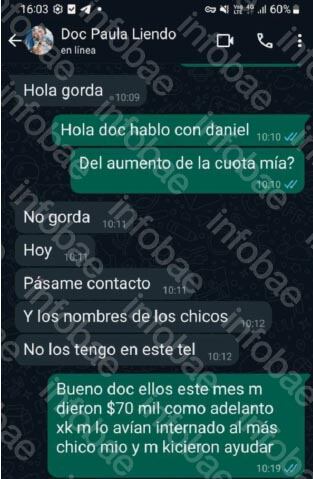 Chat atribuído a Paula Liendo, una de las procesadas en la causa