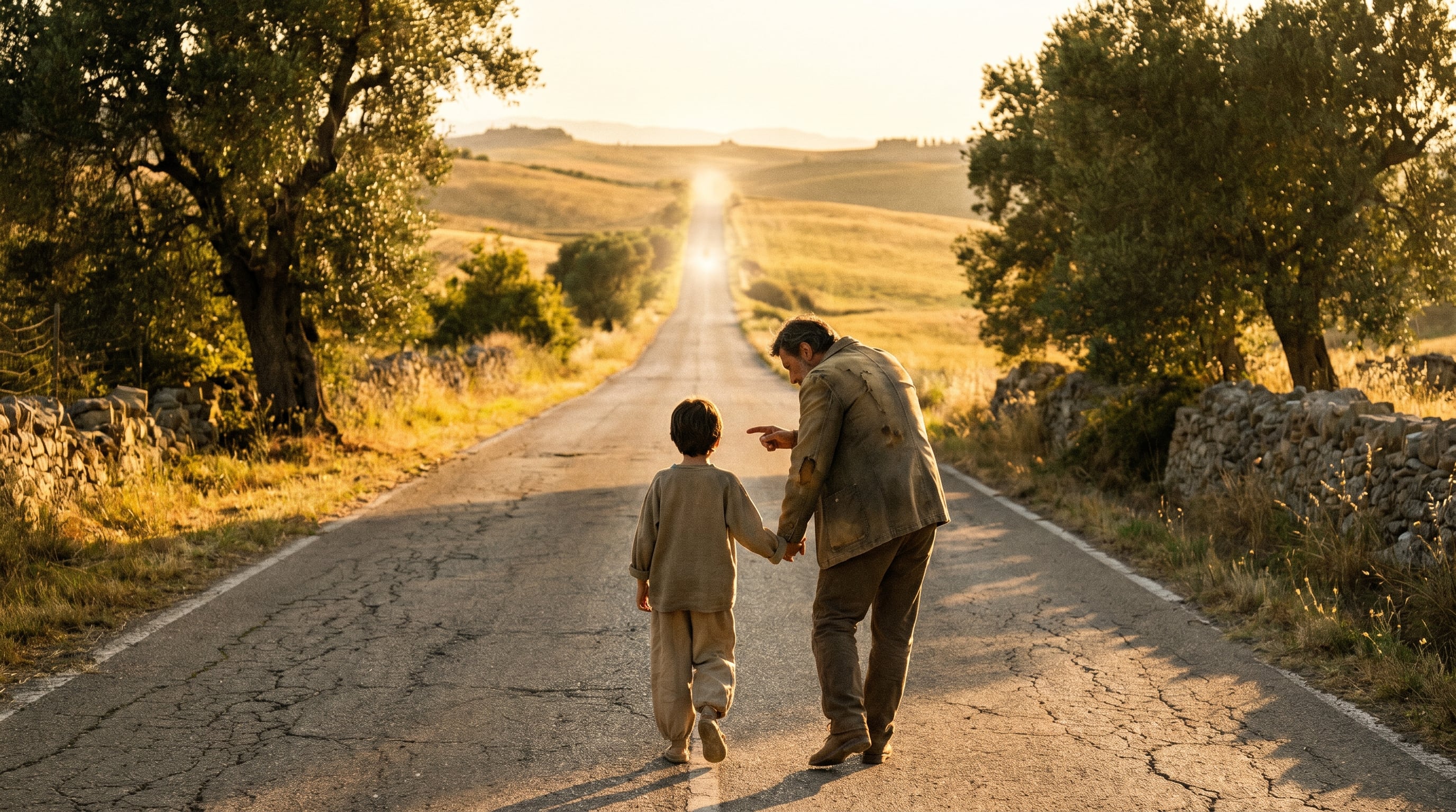 La imagen muestra a una persona adulta y a un niño caminando de espaldas por una carretera que se extiende al horizonte, lo que ilustra el trayecto de la vida y la continuidad generacional. (Imagen Ilustrativa Infobae)