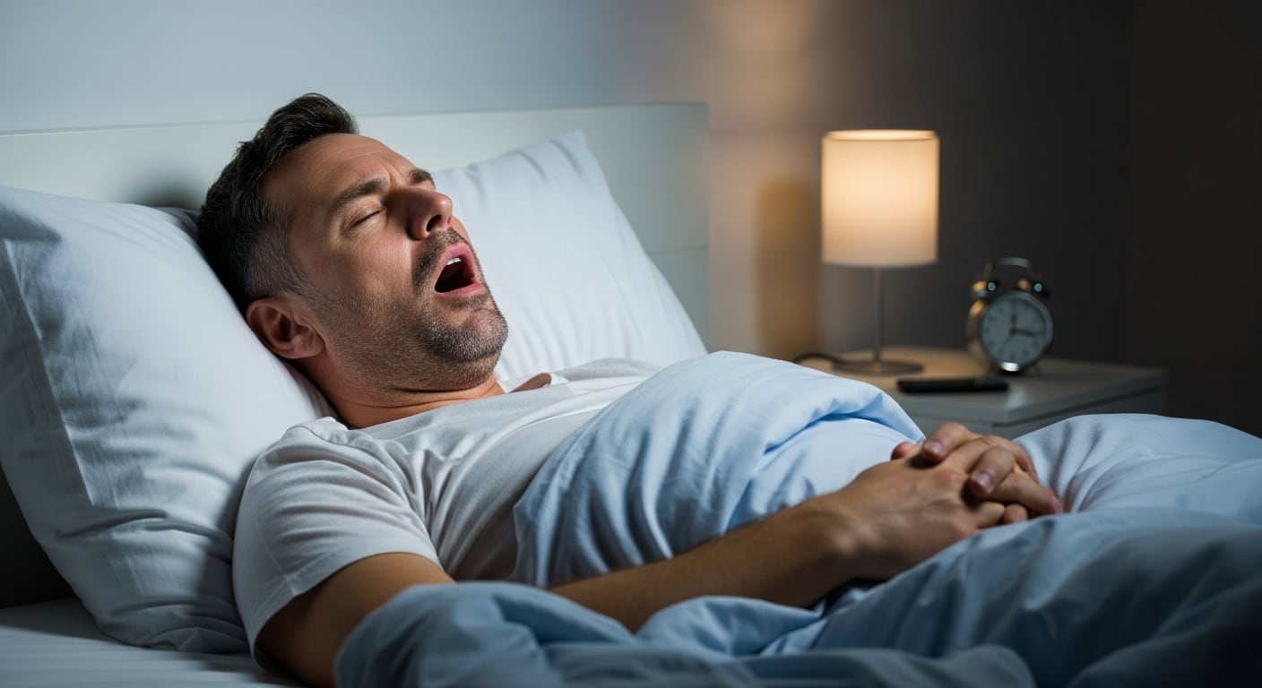 Un hombre de mediana edad duerme profundamente en su cama con la boca abierta, roncando, mientras la luz tenue de una lámpara ilumina su mesita de noche con un despertador. (Imagen Ilustrativa Infobae)