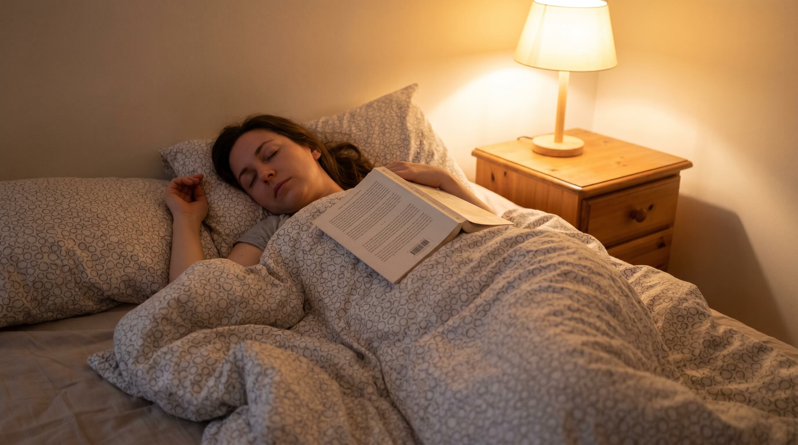 Una mujer se ha quedado dormida en su cama con un libro apoyado sobre su cuerpo, bajo la tenue luz de la lámpara de la mesa de noche. (Imagen Ilustrativa Infobae)