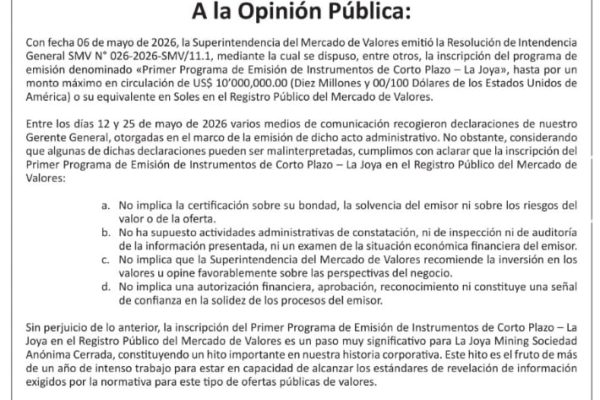 Pronunciamiento sobre la inscripción del Primer Programa de Emisión de Instrumentos de Corto Plazo – La Joya en el Mercado de Valores