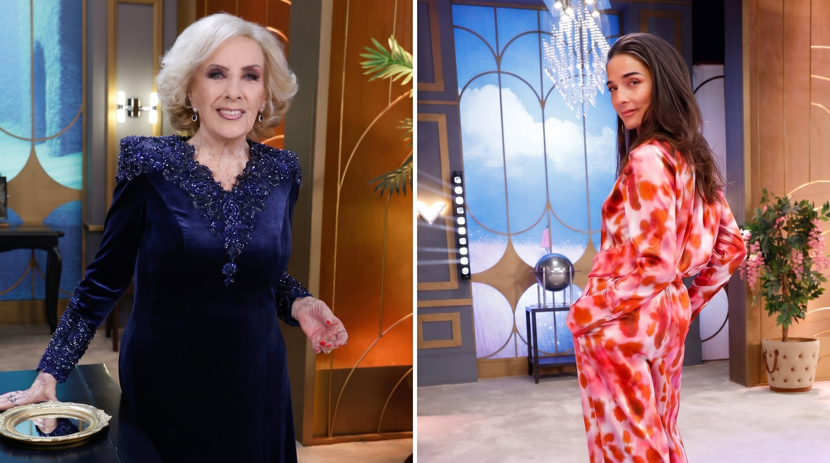 Mirtha Legrand sonríe en su programa mientras Juana Viale posa en un set de televisión, creando una imagen que fusiona generaciones del entretenimiento argentino. (Imagen Ilustrativa Infobae)