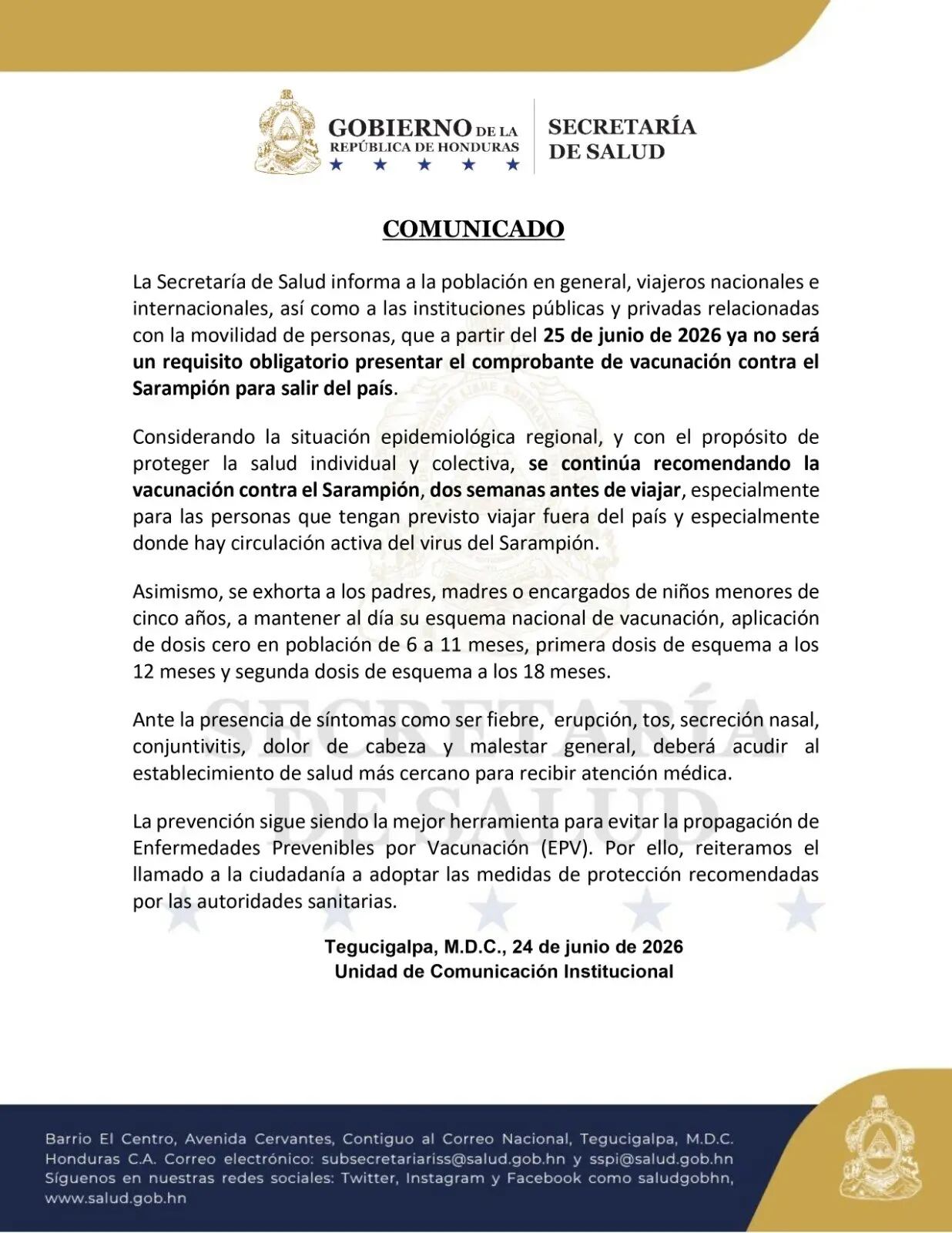 Las autoridades mantienen la recomendación de vacunarse dos semanas antes de viajar al extranjero. La medida fue anunciada mediante un comunicado oficial dirigido a viajeros e instituciones relacionadas con la movilidad de personas. (Foto: SESAL)