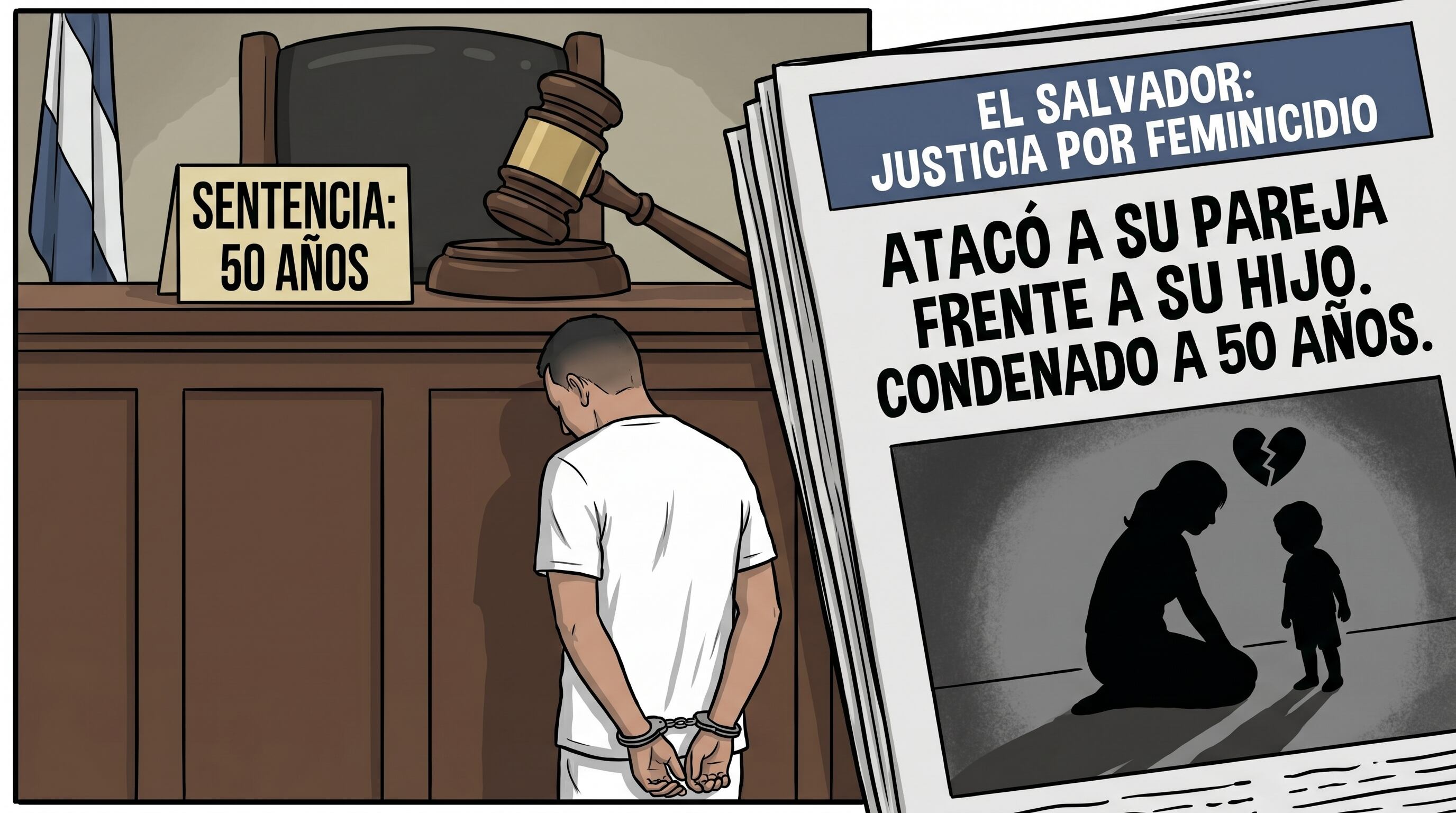 Una caricatura ilustra la condena de 50 años de prisión impuesta a un hombre en El Salvador por el feminicidio de su pareja, un crimen perpetrado frente a su hijo. (Imagen Ilustrativa Infobae)