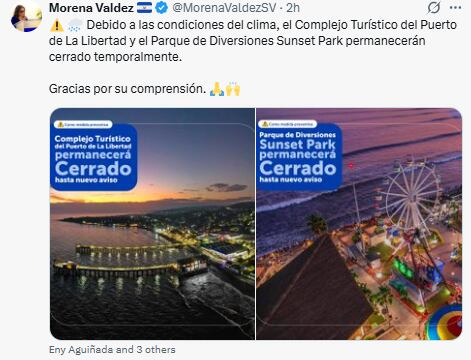 La ministra de Turismo, Morena Valdez, anunció el cierre del Complejo Turístico del Puerto de La Libertad y Sunset Park ante Tormenta Tropical Cristina. (Cortesía: Morena Valdez)