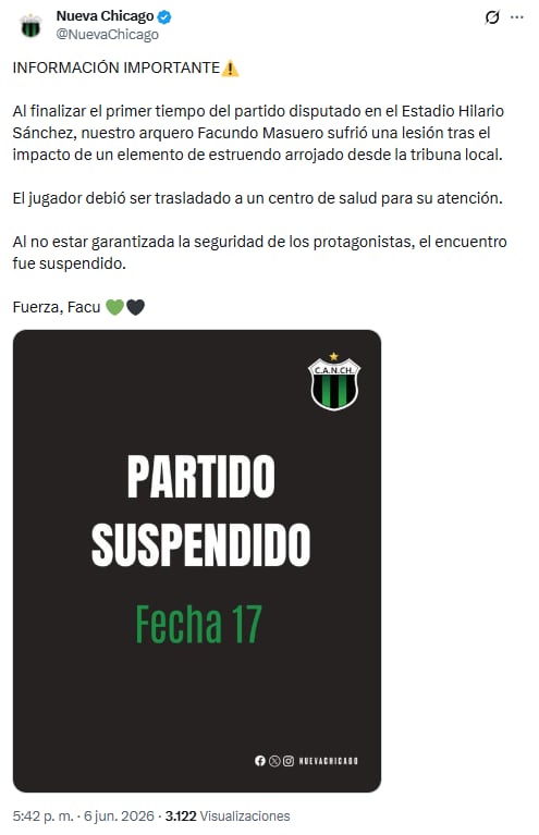 El comunicado de Nueva Chicago tras la suspensión del partido ante San Martín en San Juan