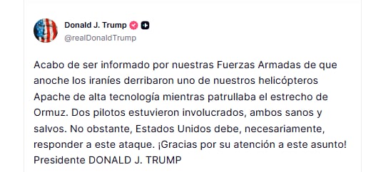 Trump anuncia que Irán derribó un helicóptero Apache y que Estados Unidos debe responder a este ataque