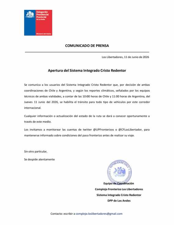 Un comunicado de prensa de la Delegación Presidencial Provincial de Los Andes informa la reapertura del Sistema Integrado Cristo Redentor a partir del 11 de junio de 2026, facilitando el tránsito de vehículos entre Chile y Argentina. (Complejo Fronterizo Los Libertadores)