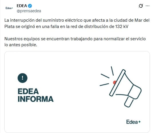 EDEA informó que la falla está relacionada con una falla en una línea de distribución de alta tensión de 132 kV