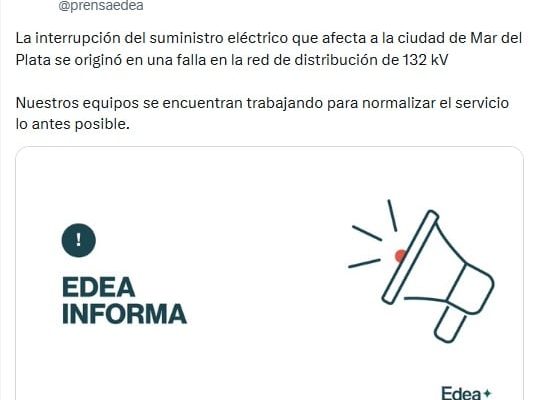 Un masivo apagón afecta a Mar del Plata y a otras ciudades costeras desde la madrugada