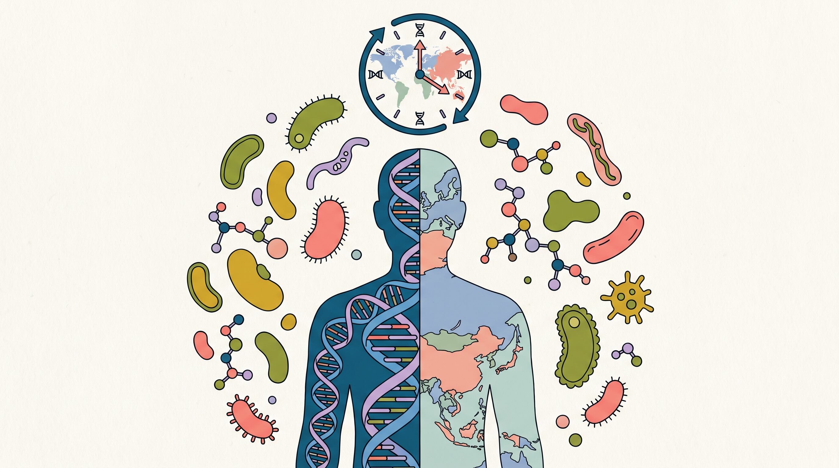 Ilustración conceptual que explora la intrínseca relación entre la genética, el lugar de residencia y el microbioma, elementos clave en el proceso de envejecimiento biológico humano (Imagen Ilustrativa Infobae)