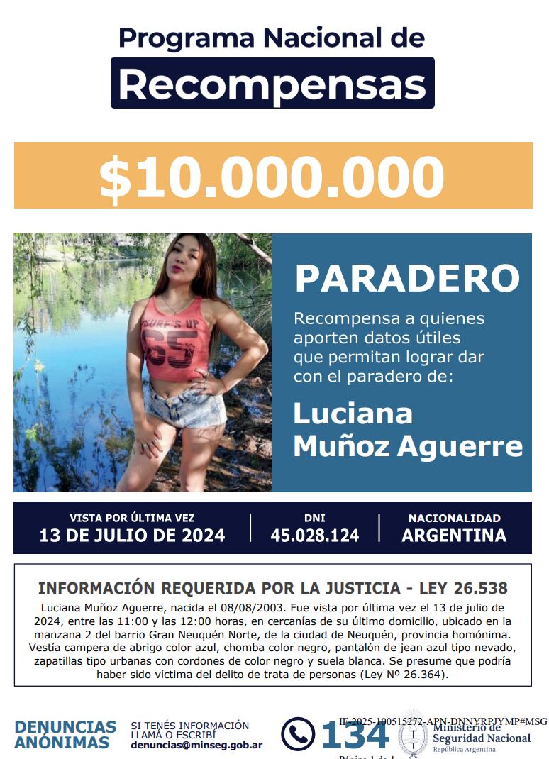 El Ministerio de Seguridad Nacional ofrece una recompensa de 10 millones de pesos