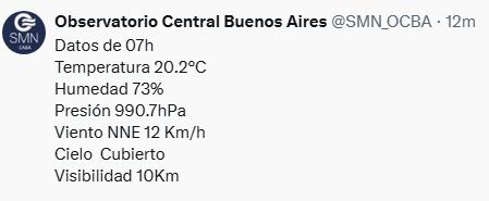 El Observatorio Central Buenos Aires del SMN informa los datos meteorológicos de la Ciudad con 20.2°C de temperatura, 73% de humedad y cielo cubierto. (Servicio Meteorológico Nacional)