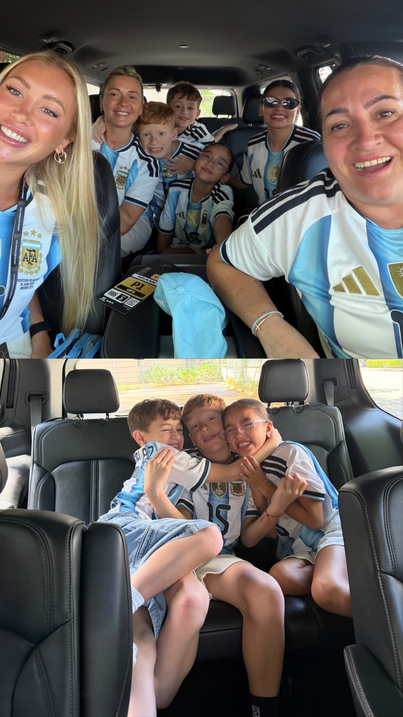 Ludmila Isabella y su familia visten la camiseta argentina en camino a un evento relacionado con la Copa Mundial 2026.