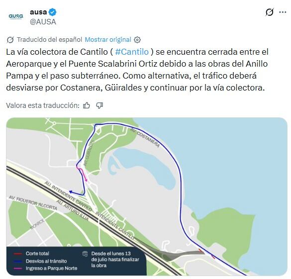 AUSA informó las rutas alternativas por el cierre de una parte de la coletora de la avenida Cantilo por la construcción del Anillo Pampa (AUSA)
