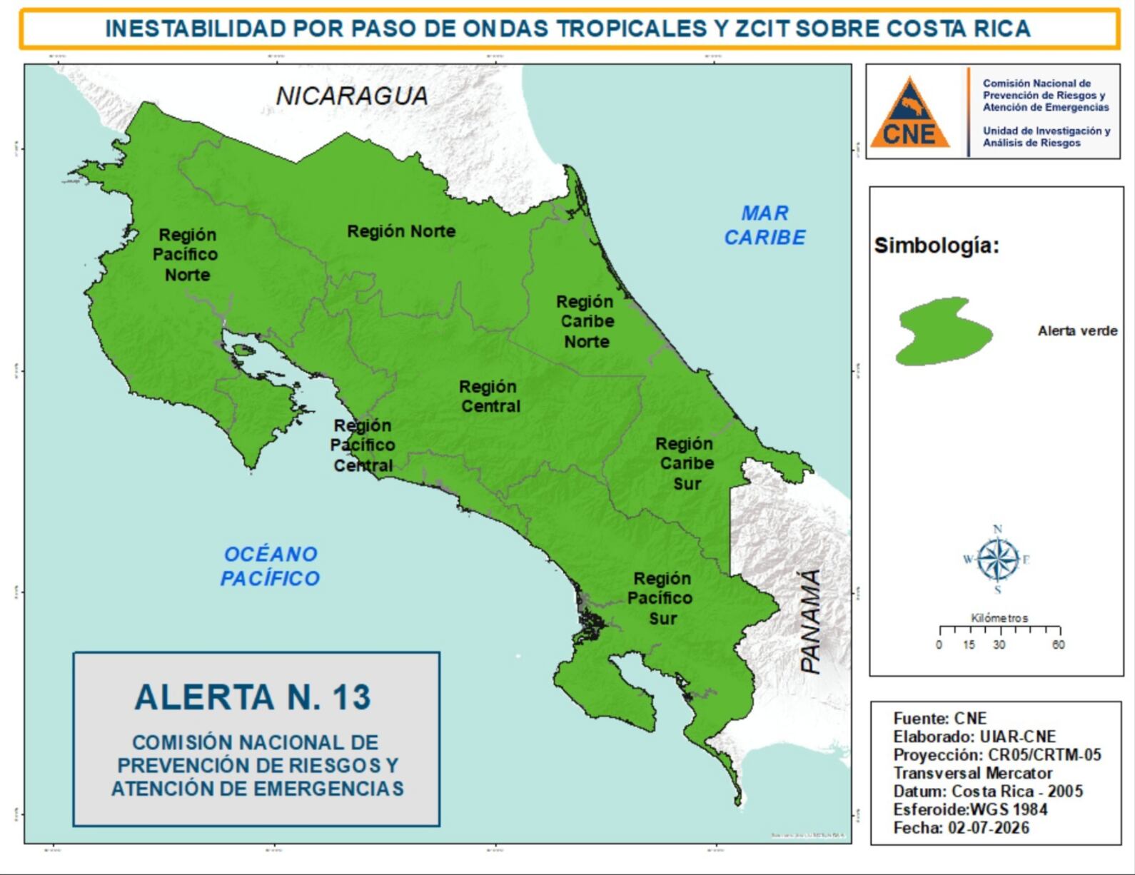 Mapa de alerta en el territorio nacional emitido por la Comisión Nacional de Emergencias. Cortesía: CNE