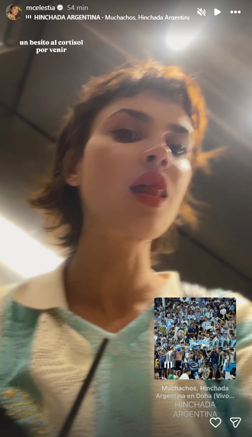 Celeste Cid compartió una selfie con camiseta alusiva a la Selección y labios rojos, sumando el mensaje “un besito al cortisol por venir” y la canción “Muchachos” (Instagram)