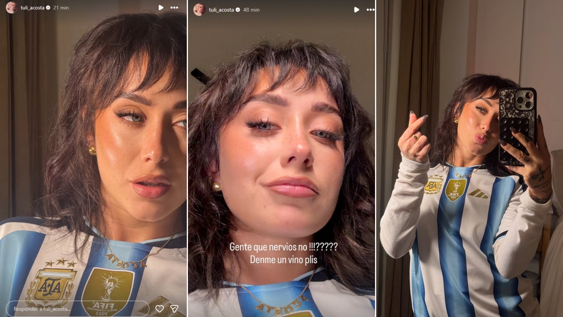 Tuli Acosta, con la camiseta de la Selección argentina y un gesto de corazón con los dedos, mostró su apoyo al equipo en redes sociales (Instagram)