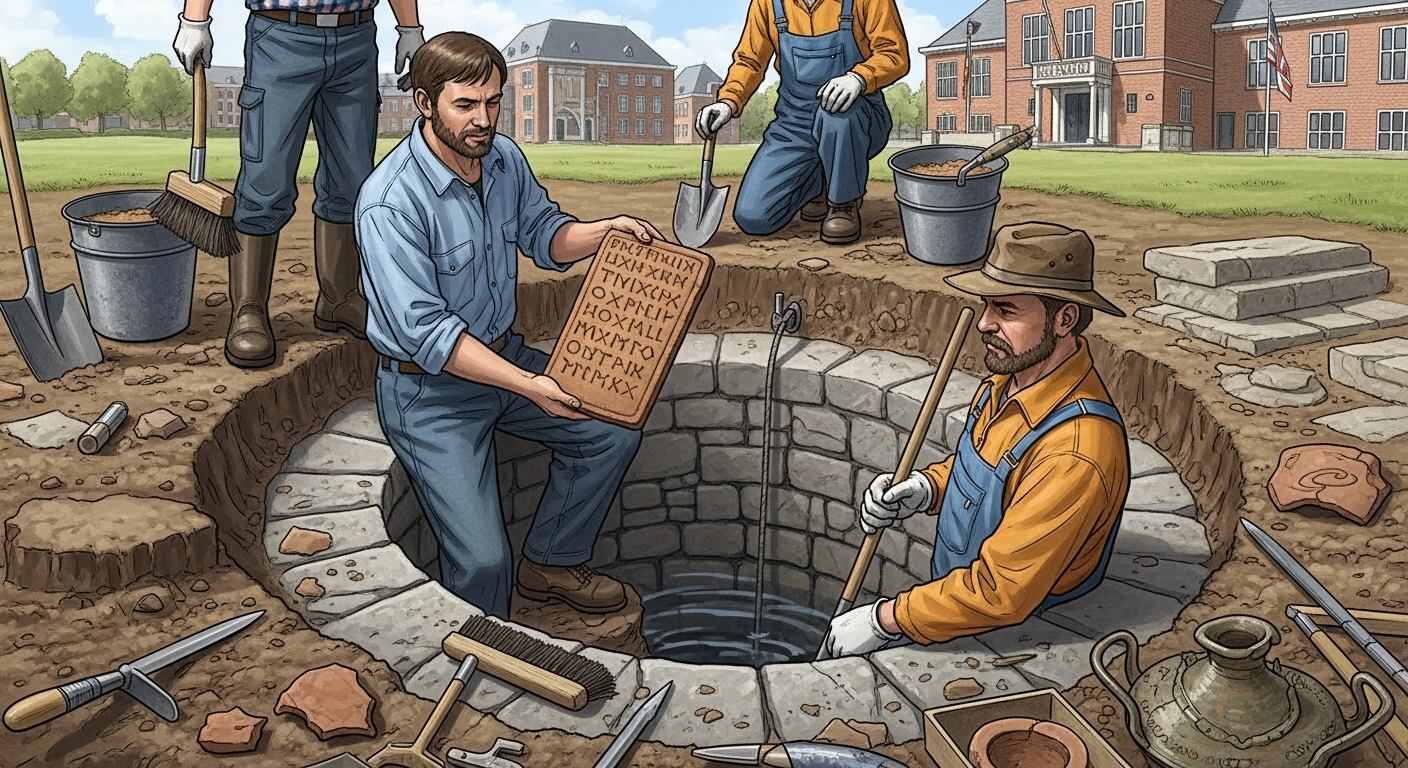 Arqueólogos neerlandeses examinan una tablilla romana encontrada en un pozo bajo la plaza del ayuntamiento de Heerlen, sitio de la antigua Coriovallum. (Imagen Ilustrativa Infobae)